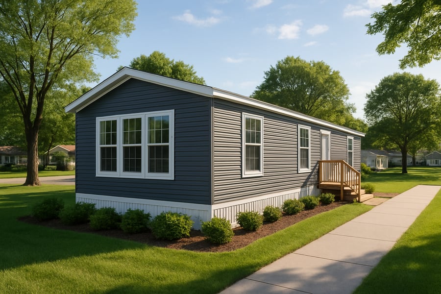 Modern manufactured home set in a peaceful Midwest neighborhood