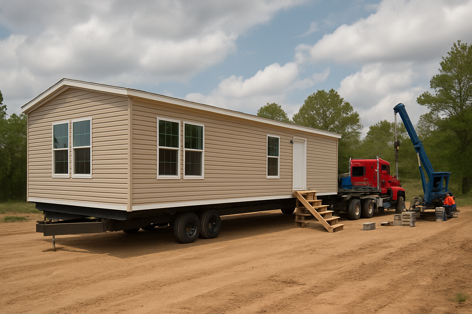 New manufactured home being delivered and set up on site