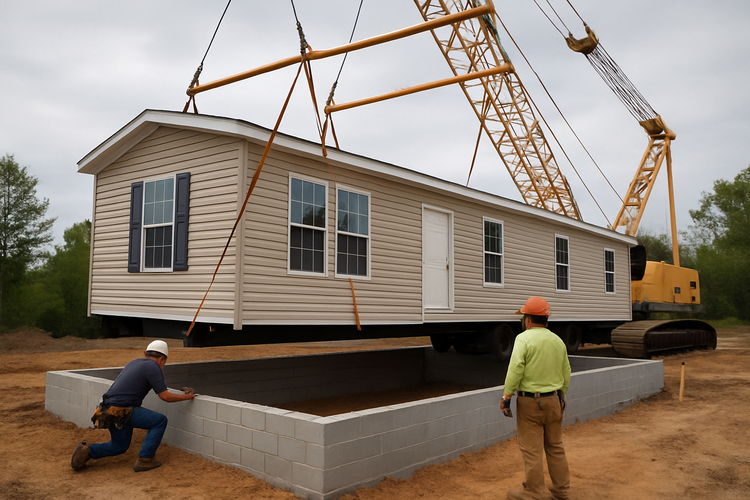 Manufactured home being professionally installed