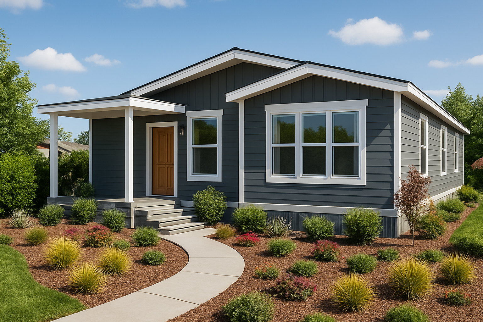Modern manufactured home exterior with landscaped yard